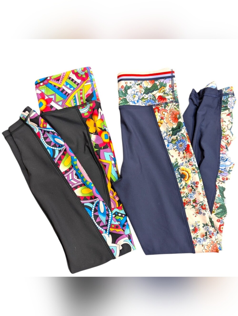 2 Johnny Was Bee Active Legging In Black & Blue Floral High Waisted Sz XS Yoga